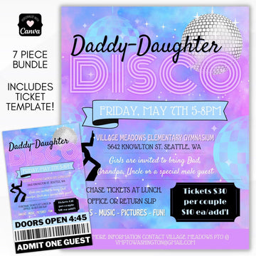 70's decade disco dance theme ideas school pto pta flyer set editable template digital download